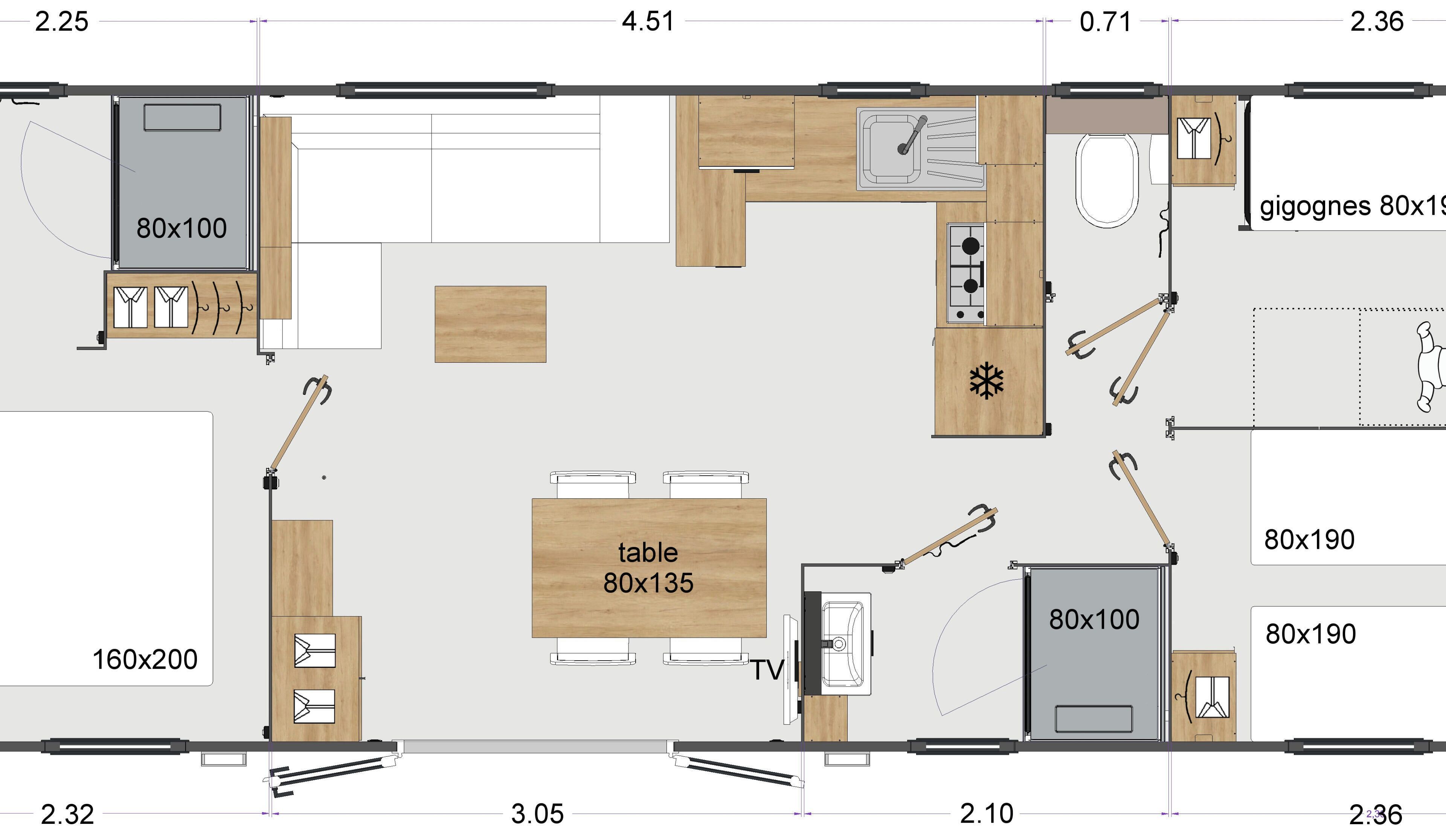 Plano de planta de una habitación de hotel con dimensiones de 160x200, 80x100, 80x190 y 80x135.