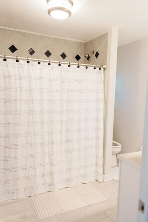 Hair dryer, towels, soap, toilet paper