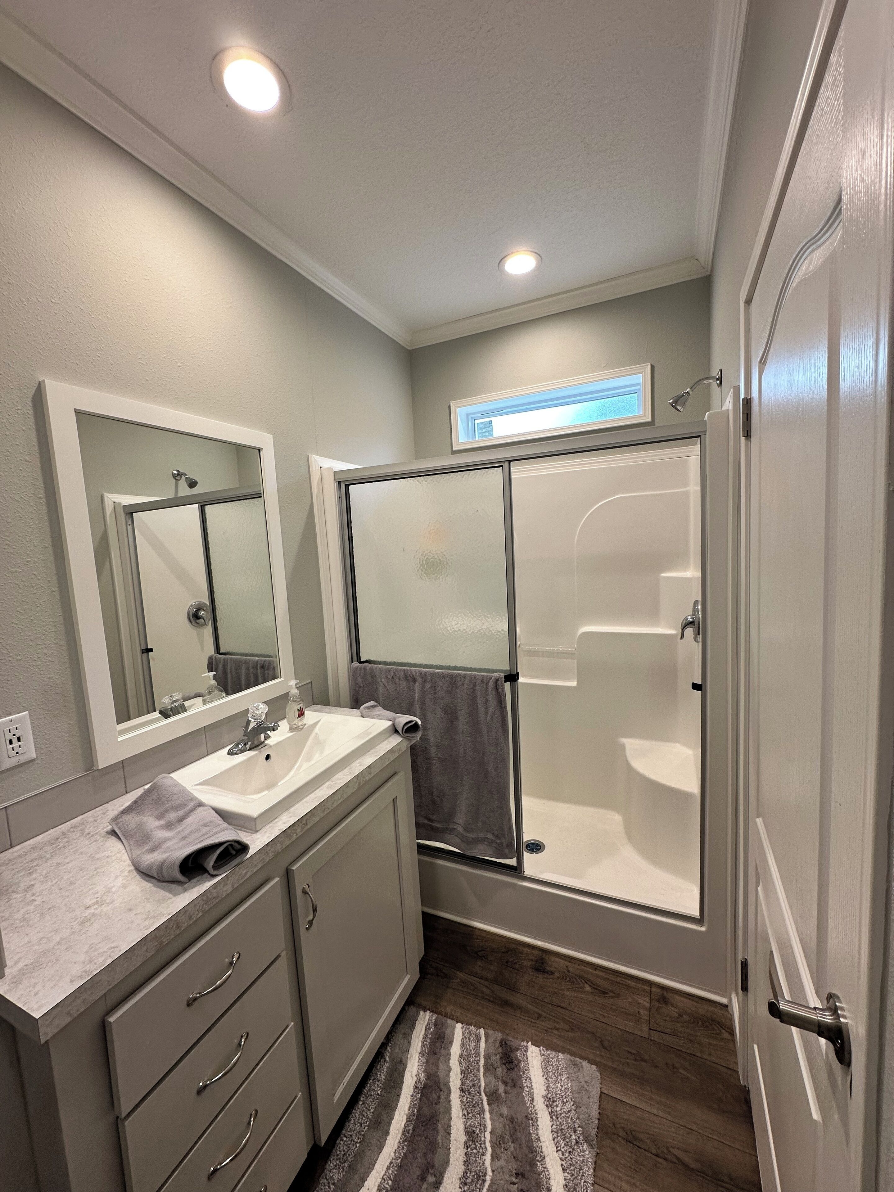 Hair dryer, towels, soap, toilet paper