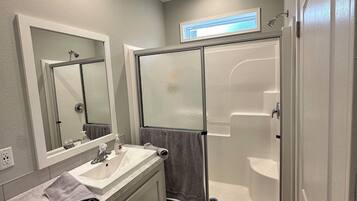Hair dryer, towels, soap, toilet paper