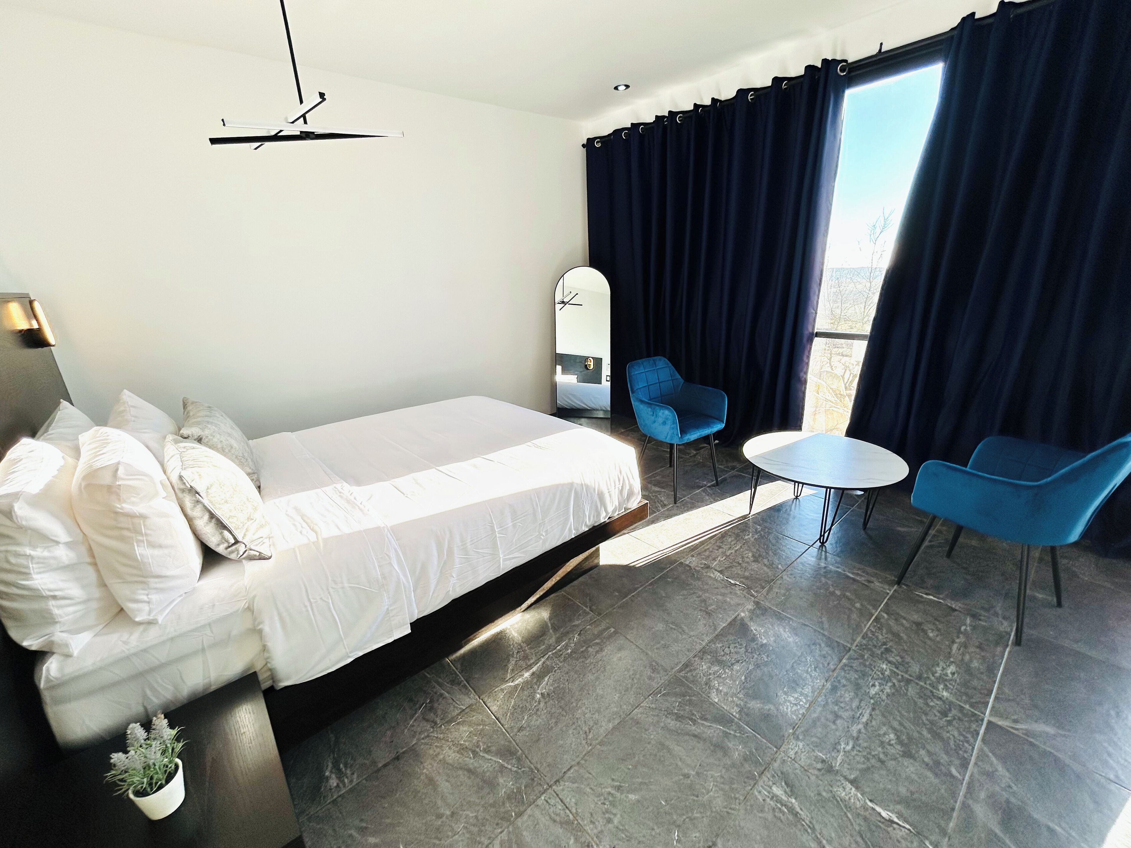 A modern hotel room with a bed, a small table, two chairs, a potted plant, and a large window with curtains.
