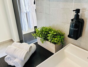A bathroom with a black countertop, a white sink, a potted plant, a hand soap dispenser, and neatly folded towels.