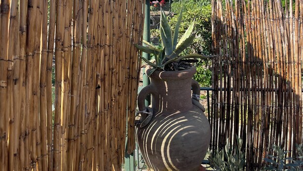 Une clôture en bambou, avec un grand pot en terre cuite et une sculpture en métal au centre.