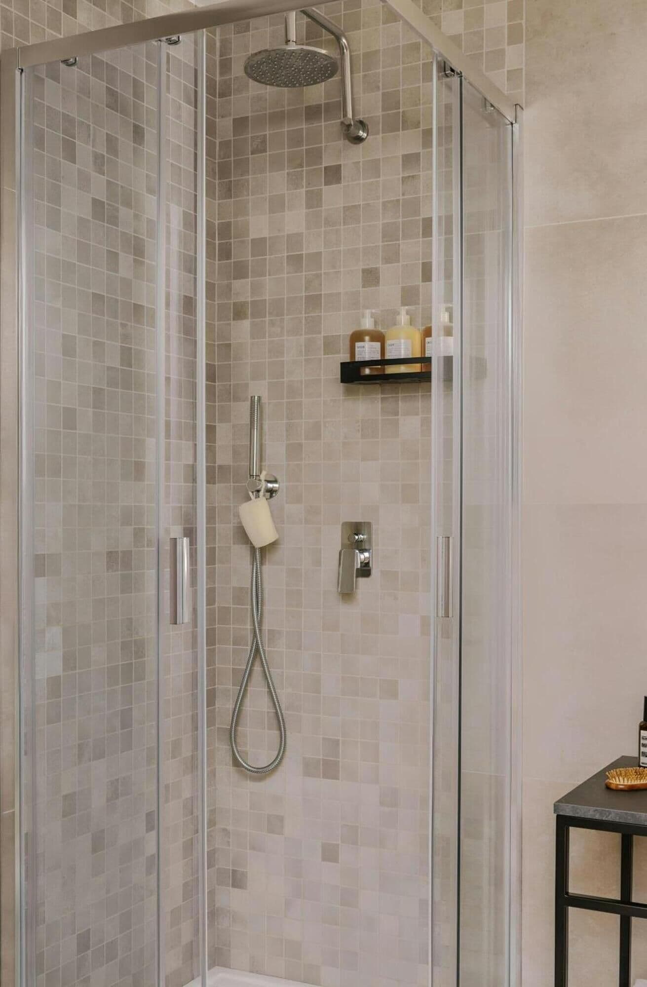 Shower, rainfall showerhead, eco-friendly toiletries, hair dryer