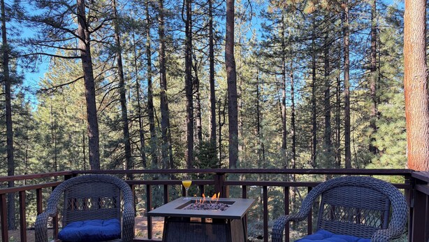 Une terrasse en bois, avec des chaises et une table en osier, donnant sur une forêt.