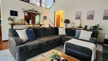 Smart TV, fireplace, books
