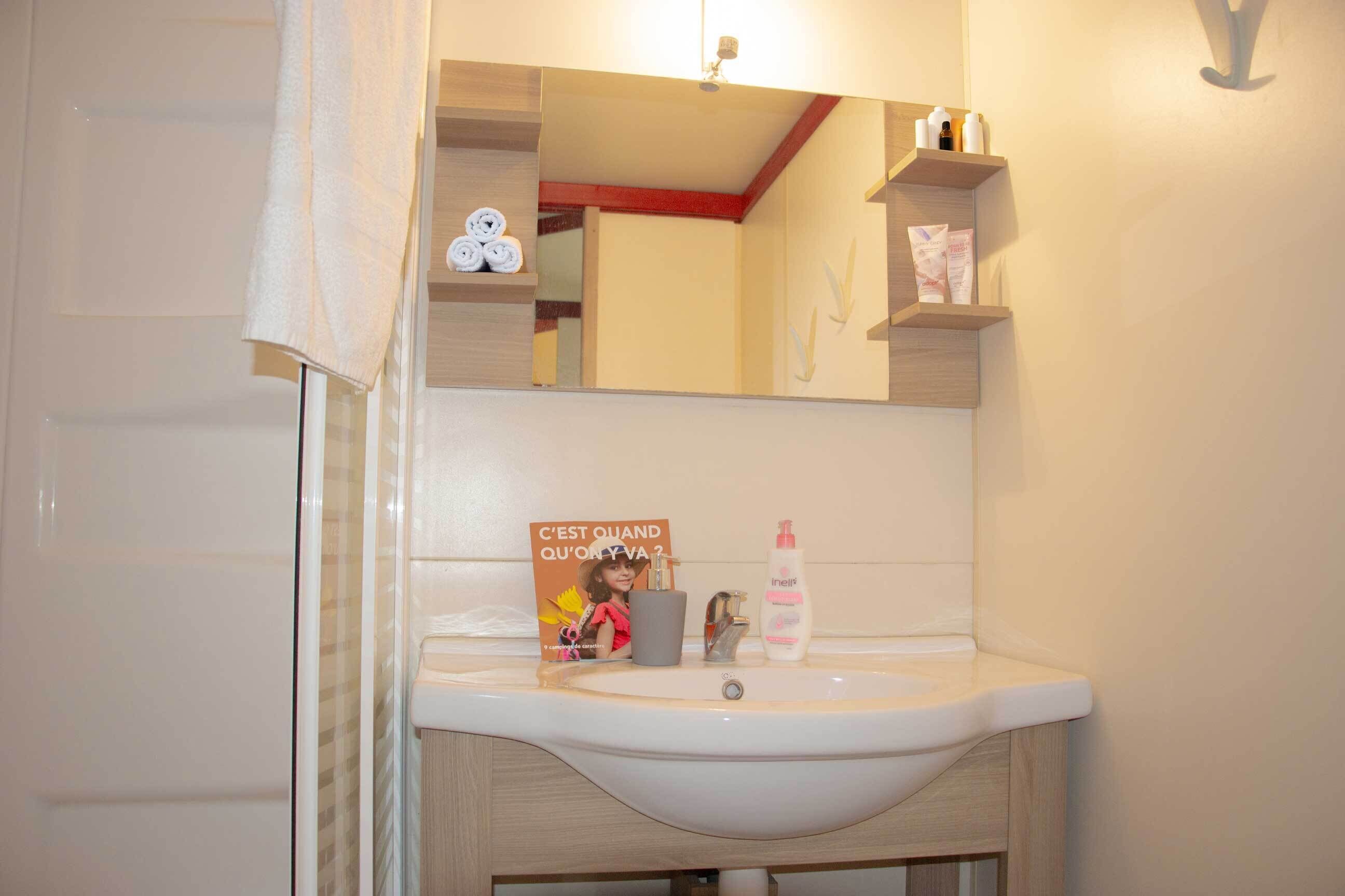 A bathroom with a white sink, a mirror, and a towel rack. There are toiletries on the sink and a book titled "C'est quand qu'on va?" on the counter.