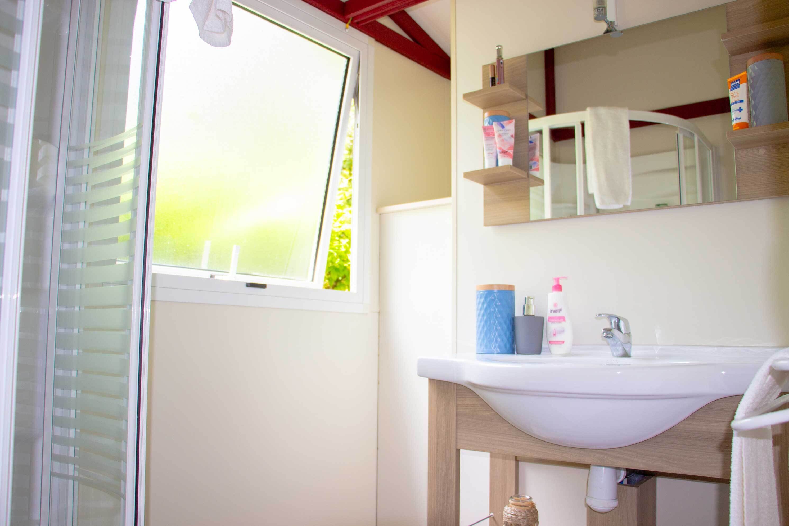 A bathroom with a window, a sink, and a mirror.