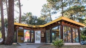 Eine Holzhütte mit gelbem Dach und einem Glastür-Eingang, auf der 