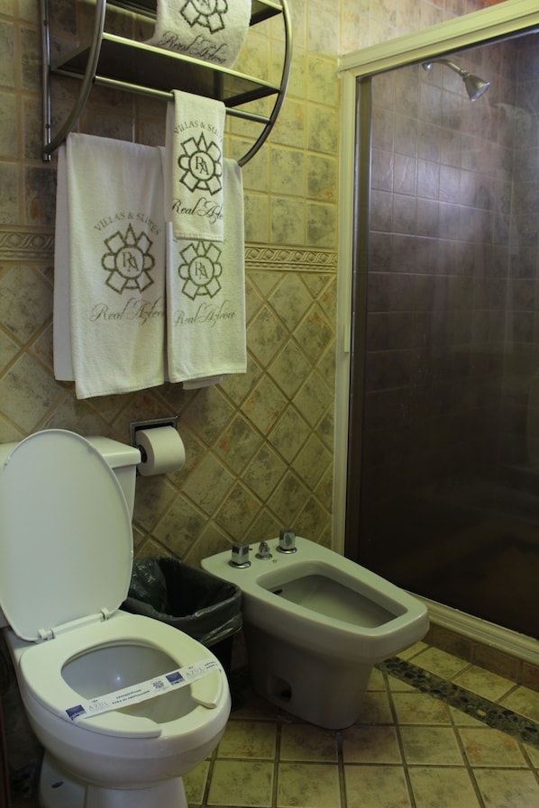 Shower, hair dryer, towels, soap