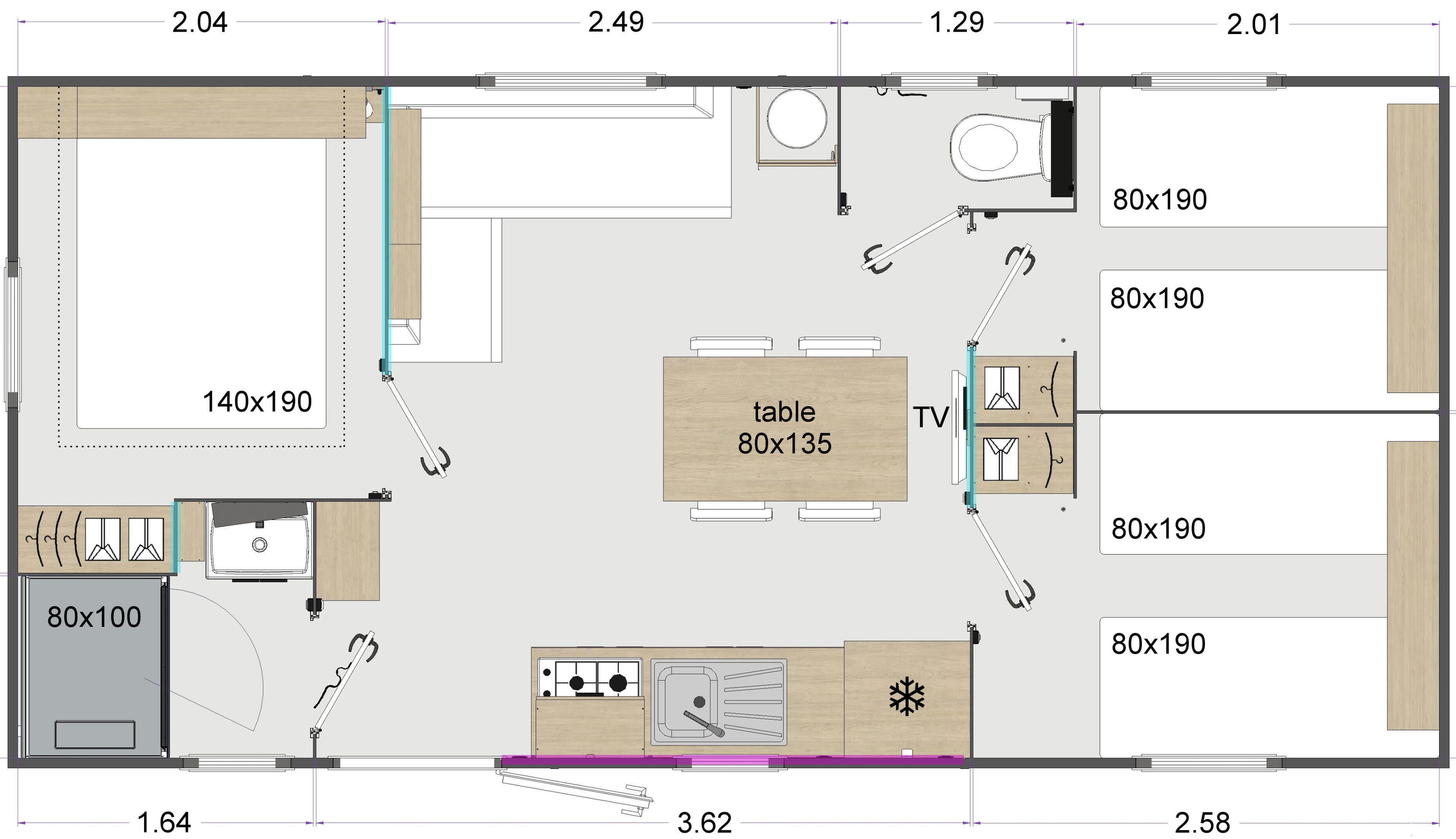 A floor plan of a hotel room with a 140x190 bed, 80x190 TV, 80x190 seating, and a 80x135 table.