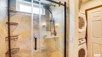 Hair dryer, towels, soap, toilet paper