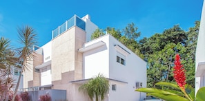 A modern building with a flat roof, large windows, and a balcony.