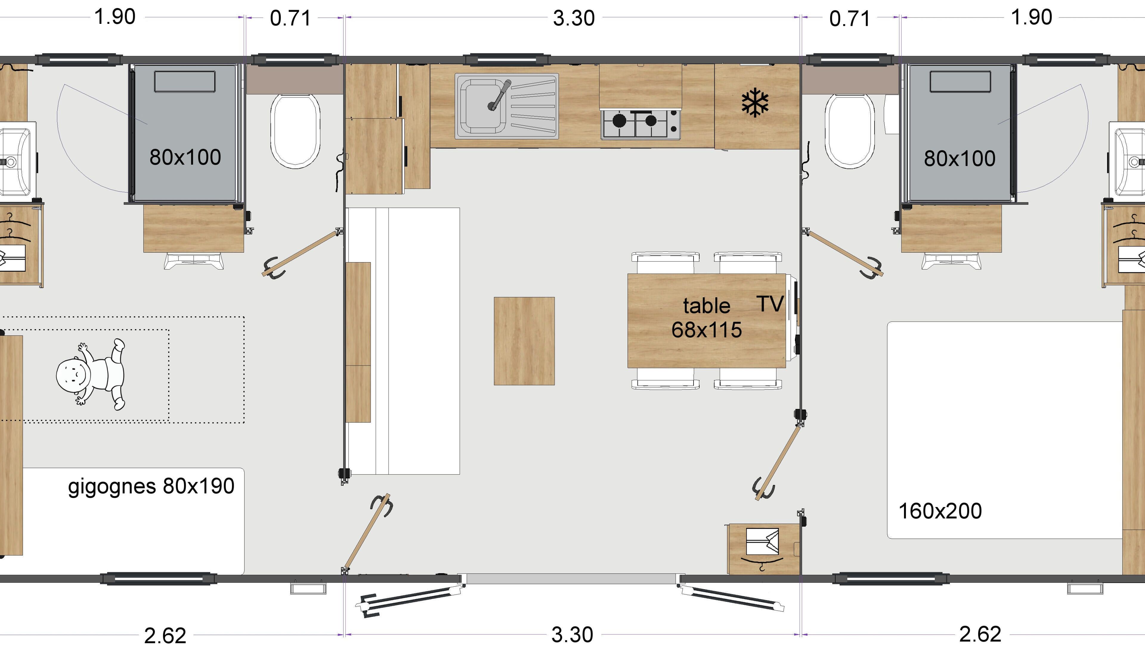 A floor plan of a hotel room with dimensions 80x100, 68x115, and 160x200.