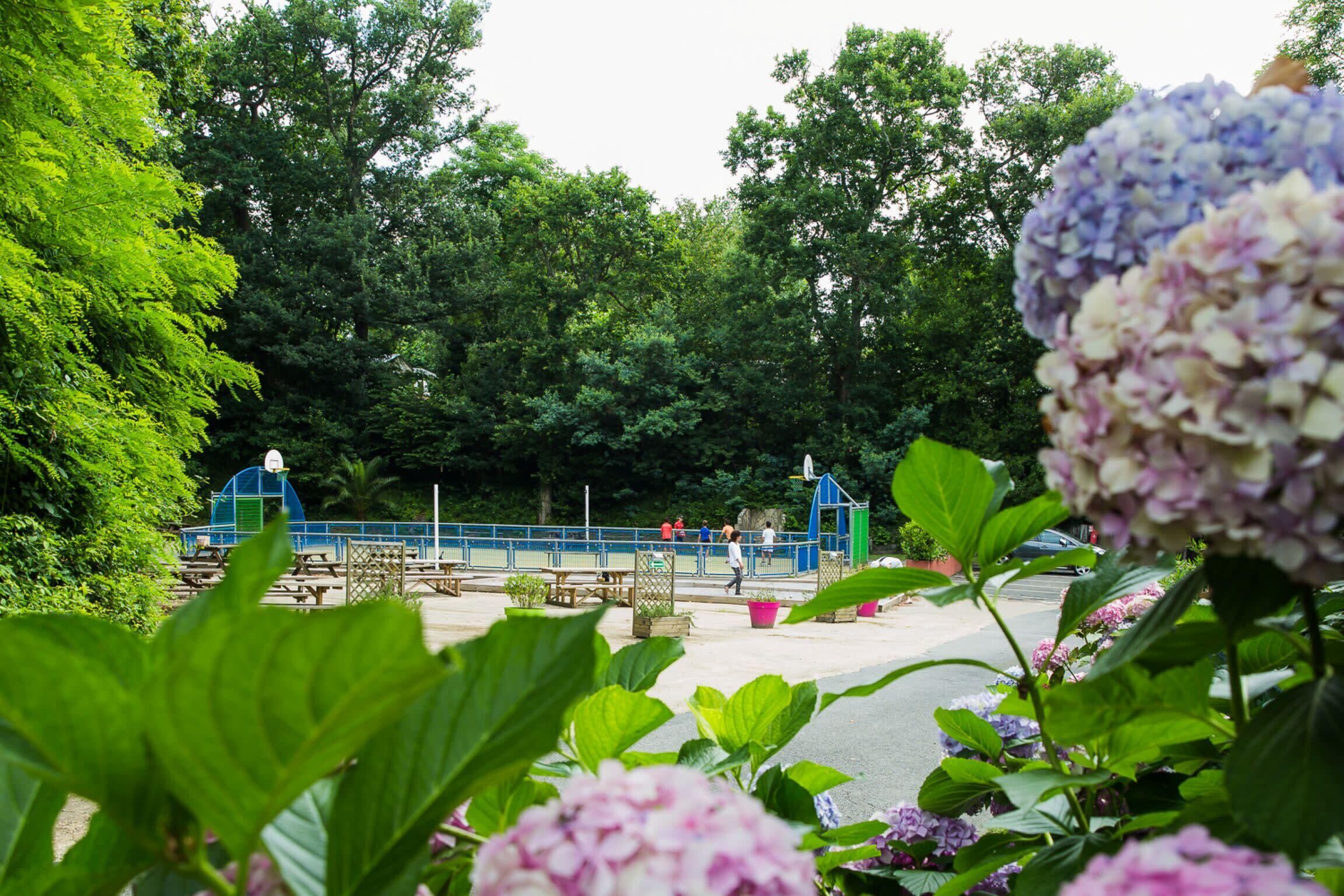 A park with picnic tables, a blue play structure, and lush greenery.