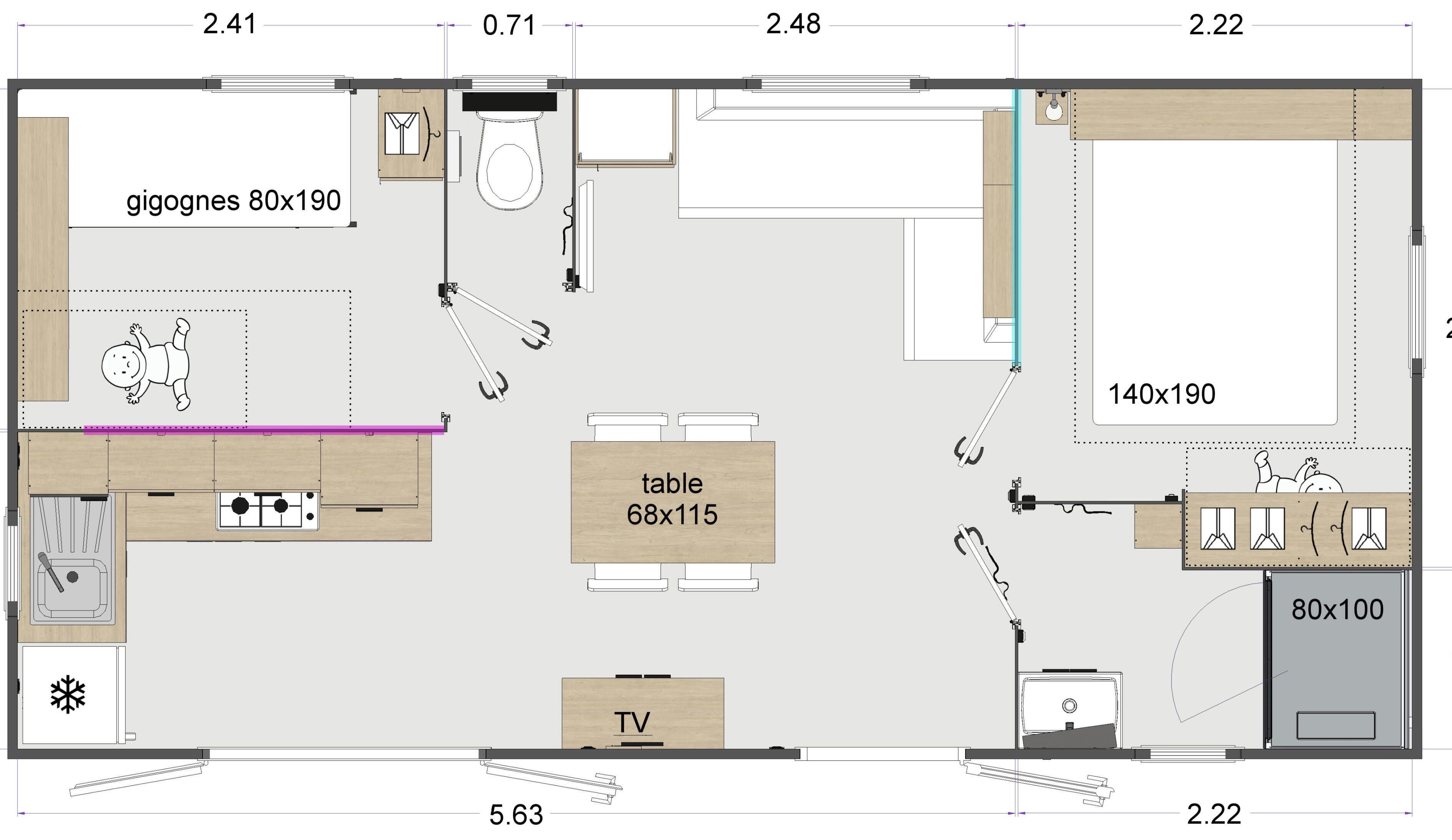 Planta baixa de um quarto de hotel com cama, TV, cozinha compacta, banheiro e uma pequena área de estar.