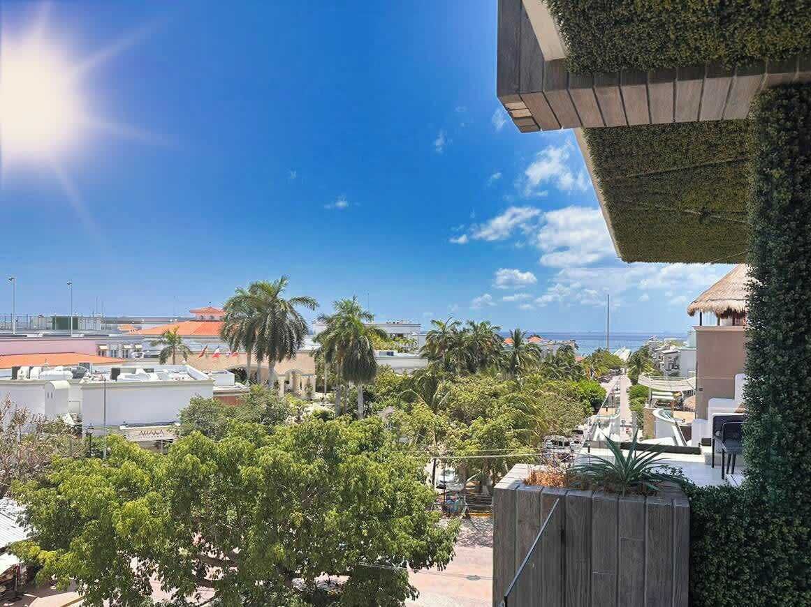 A view of a coastal area with buildings, palm trees, and a clear sky.