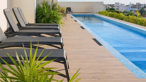 Área de piscina no terraço com espreguiçadeiras e uma palmeira.