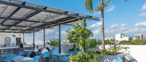 An outdoor seating area with tables and chairs, a bar, and a palm tree.