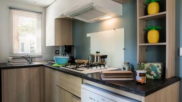 Fridge, microwave, stovetop, coffee/tea maker