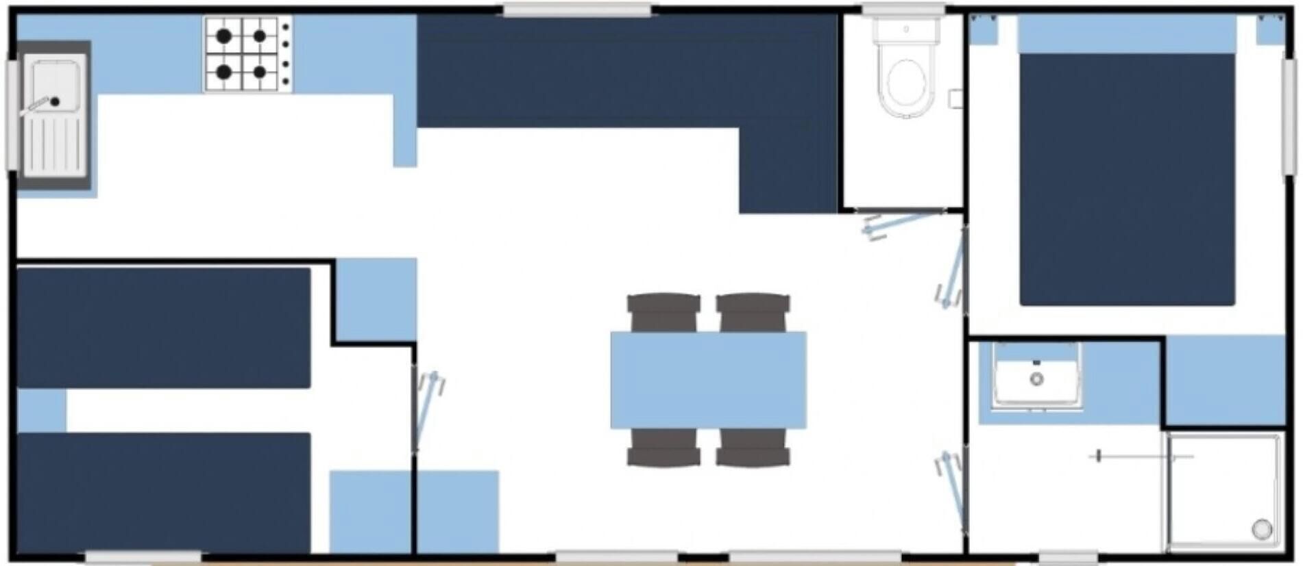 A floor plan of a hotel room with a bed, a desk, a chair, a small bathroom, and a kitchenette.