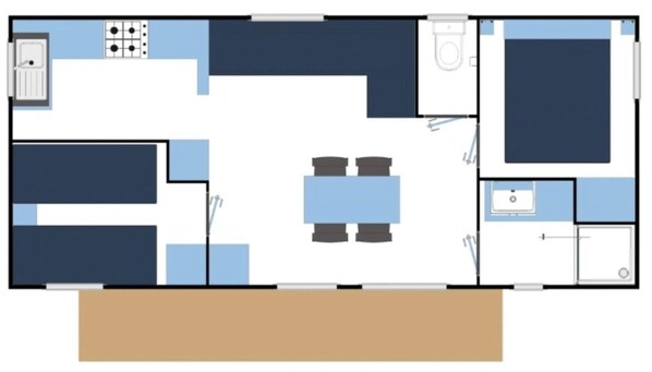 Plano de un cuarto de hotel con cama, escritorio, silla, baño pequeño y kitchenette.