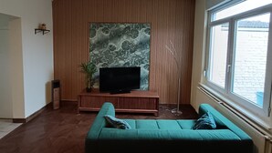 Een woonkamer met een flatscreen televisie op een houten standaard, een groene bank en een groot raam met uitzicht op een bakstenen gebouw.