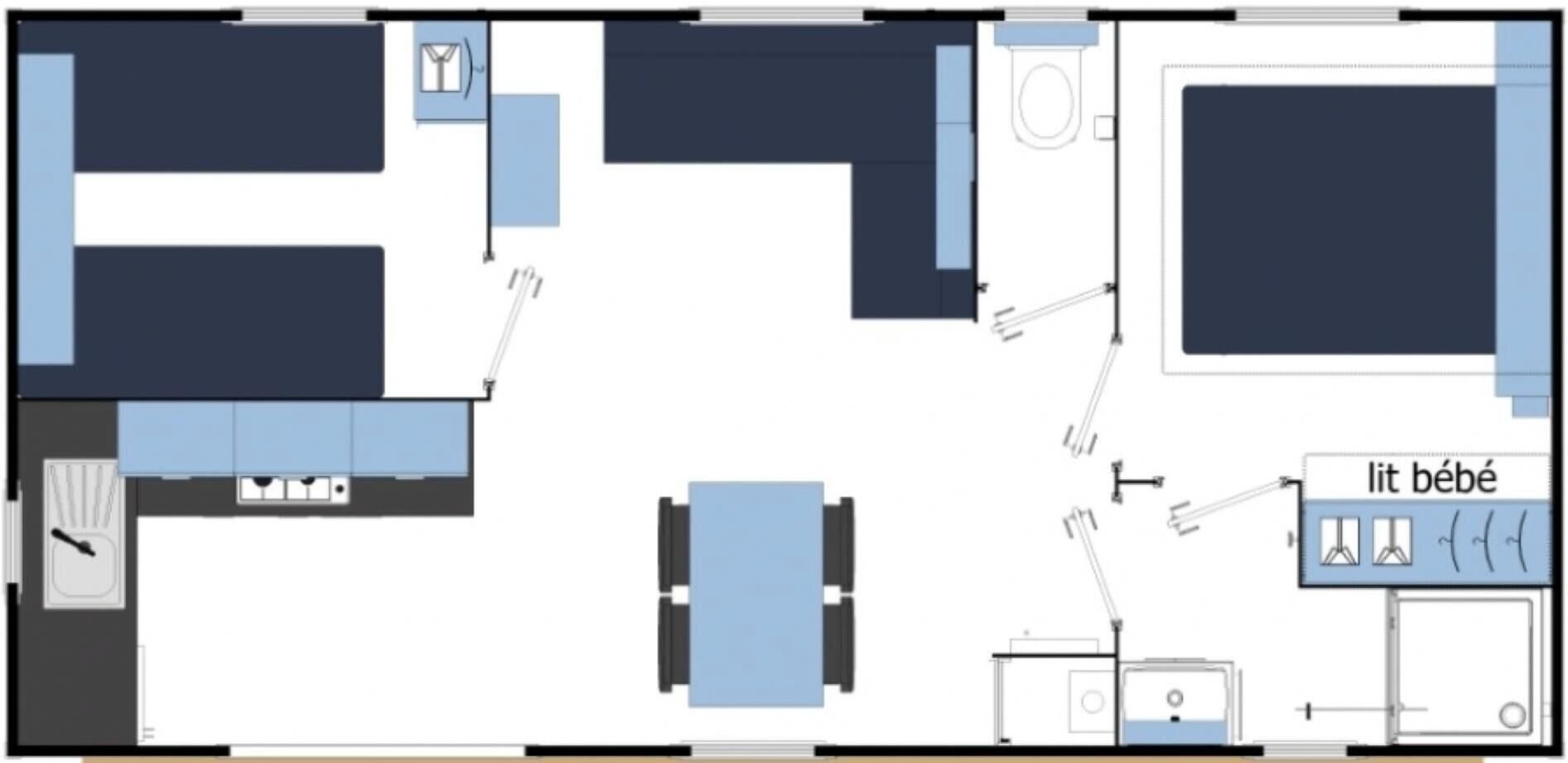 A floor plan of a hotel room with a bed, a desk, a chair, a small table, a bathroom, and a kitchenette.