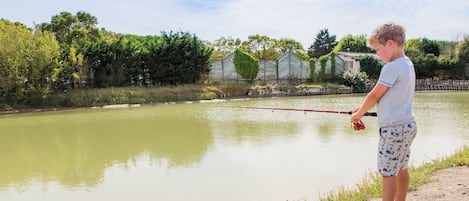 Un enfant est en train de pêcher au bord d’un étang paisible, avec une clôture en bois et de la verdure en arrière-plan.