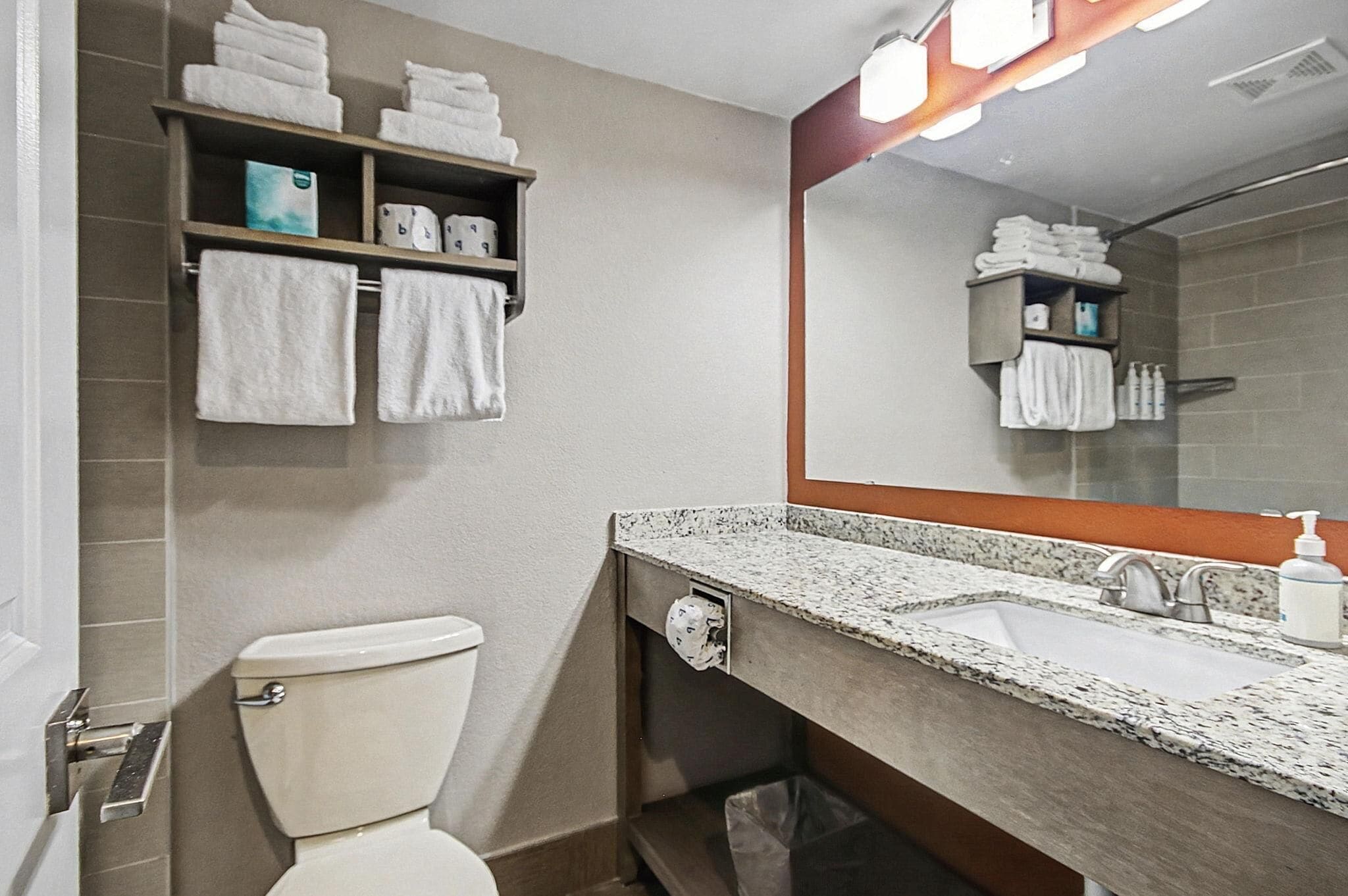 A bathroom with a toilet, sink, towel rack, and mirror.