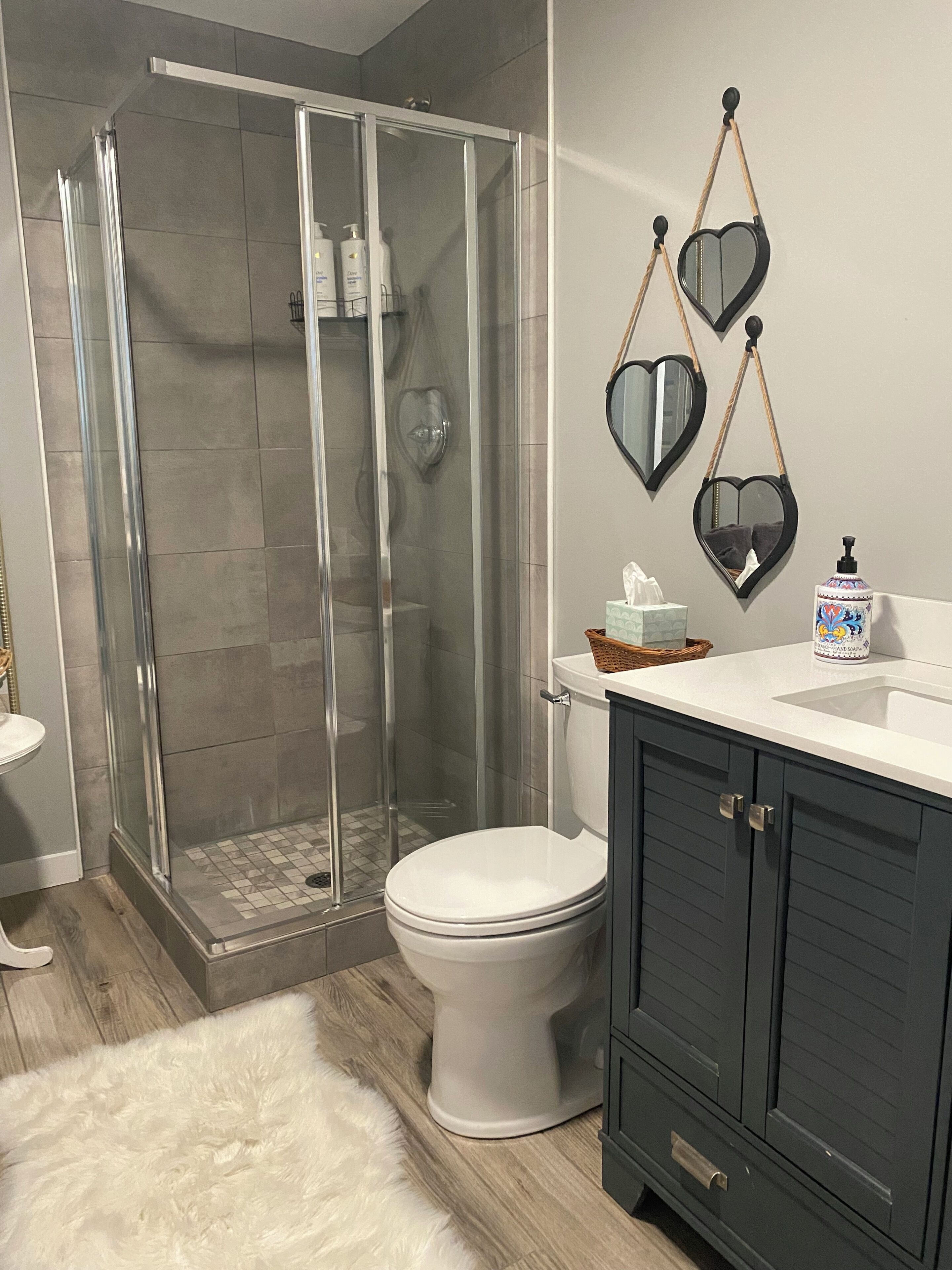 Hair dryer, towels, soap, toilet paper
