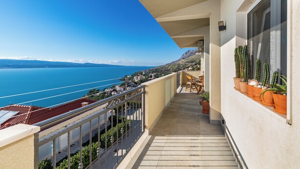 Ein Balkon mit Blick auf das Meer, mit Blumentöpfen und einem Stuhl.