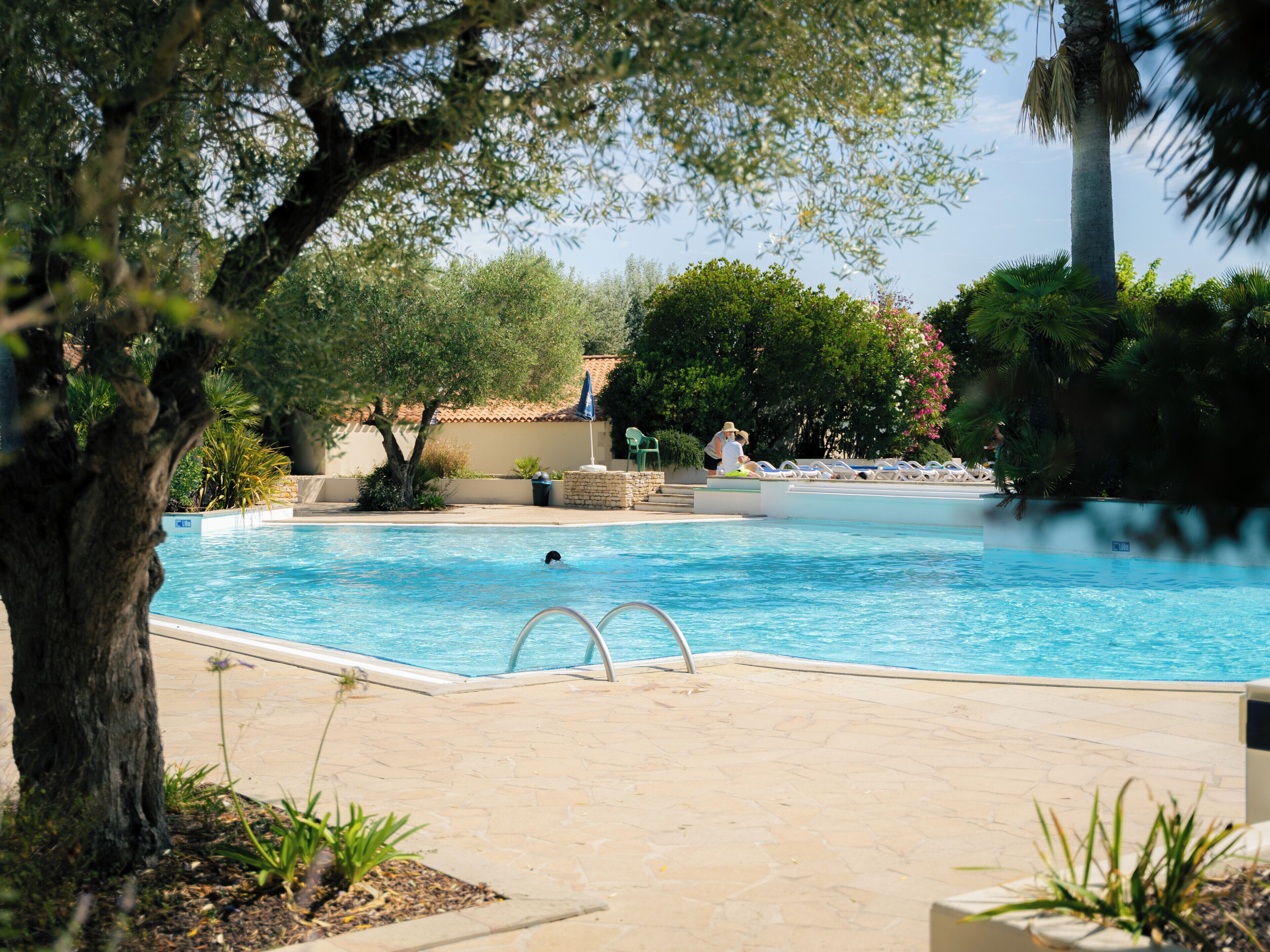 Une piscine à l’eau d’un bleu cristallin, entourée d’arbres et bordée d’une terrasse en pierre.
