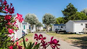 Une rangée de maisons mobiles, avec un ciel dégagé, une route asphaltée et quelques espaces verts.