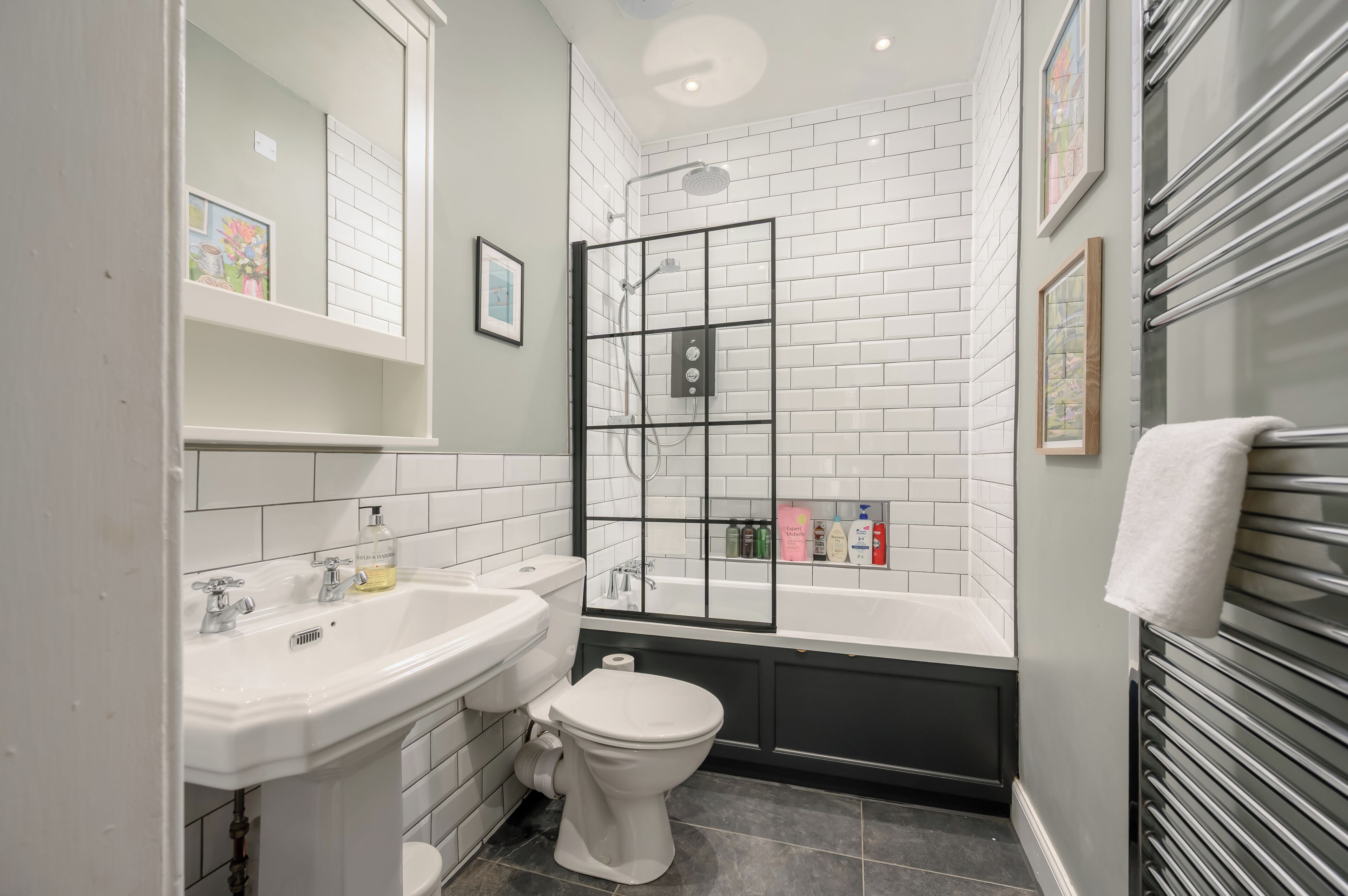 Shower, hair dryer, towels, toilet paper