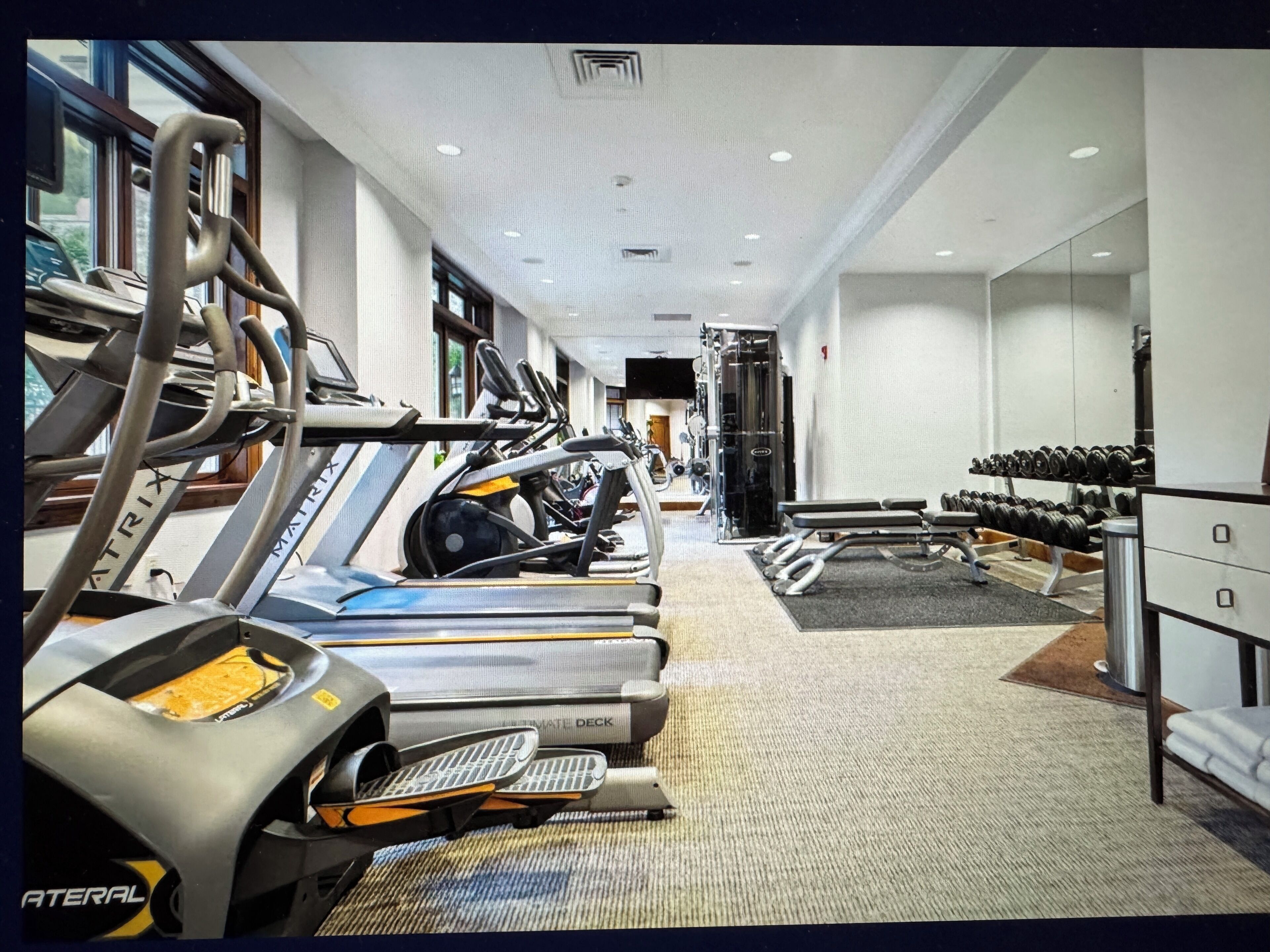 A gym with treadmills, a weight bench, and dumbbells.
