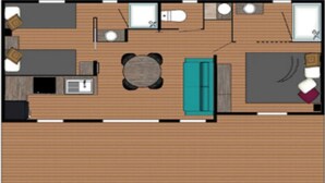 A floor plan of a hotel room with a bed, a desk, a chair, a small table, and a wardrobe. - Carva - Privilège 2 - 4p (La Guérinière)