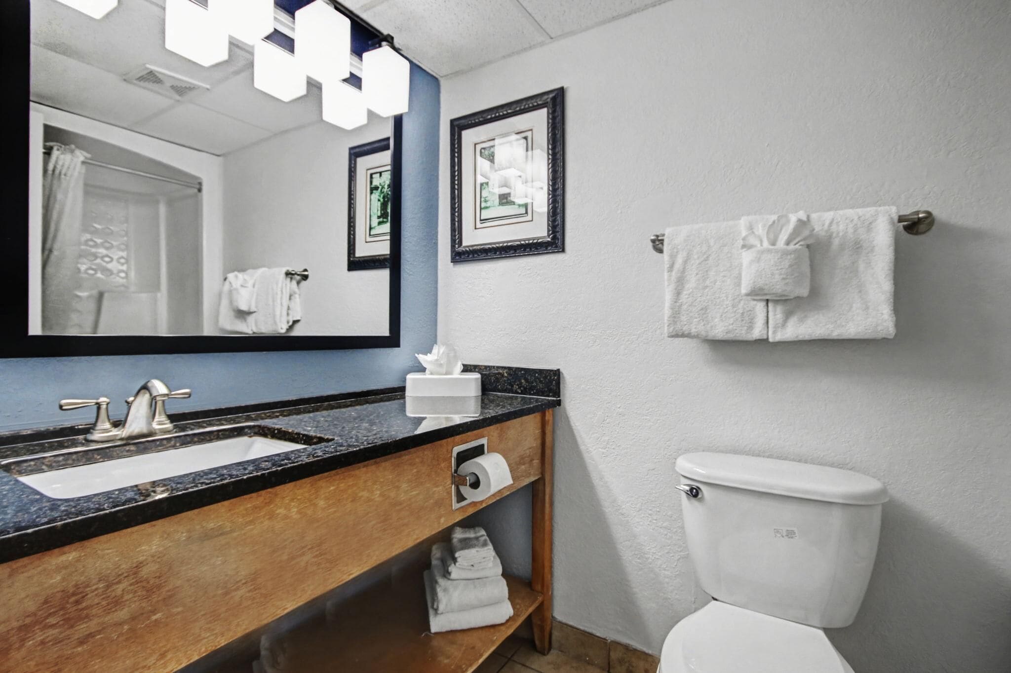 A bathroom with a sink, mirror, toilet, and towel rack.