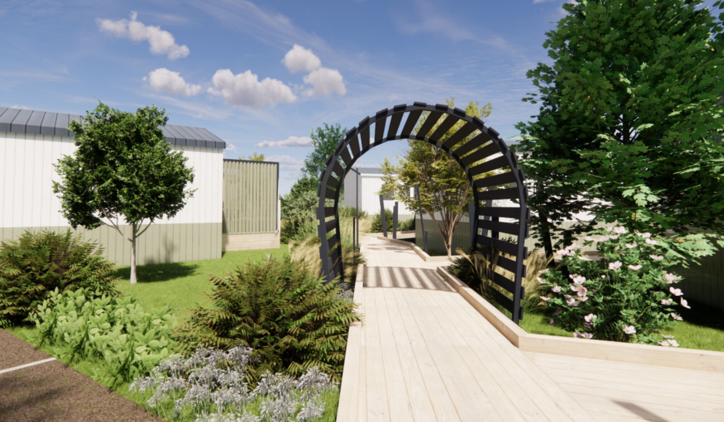 A pathway leading through a landscaped garden with a wooden archway, surrounded by greenery and a building with a sloped roof.