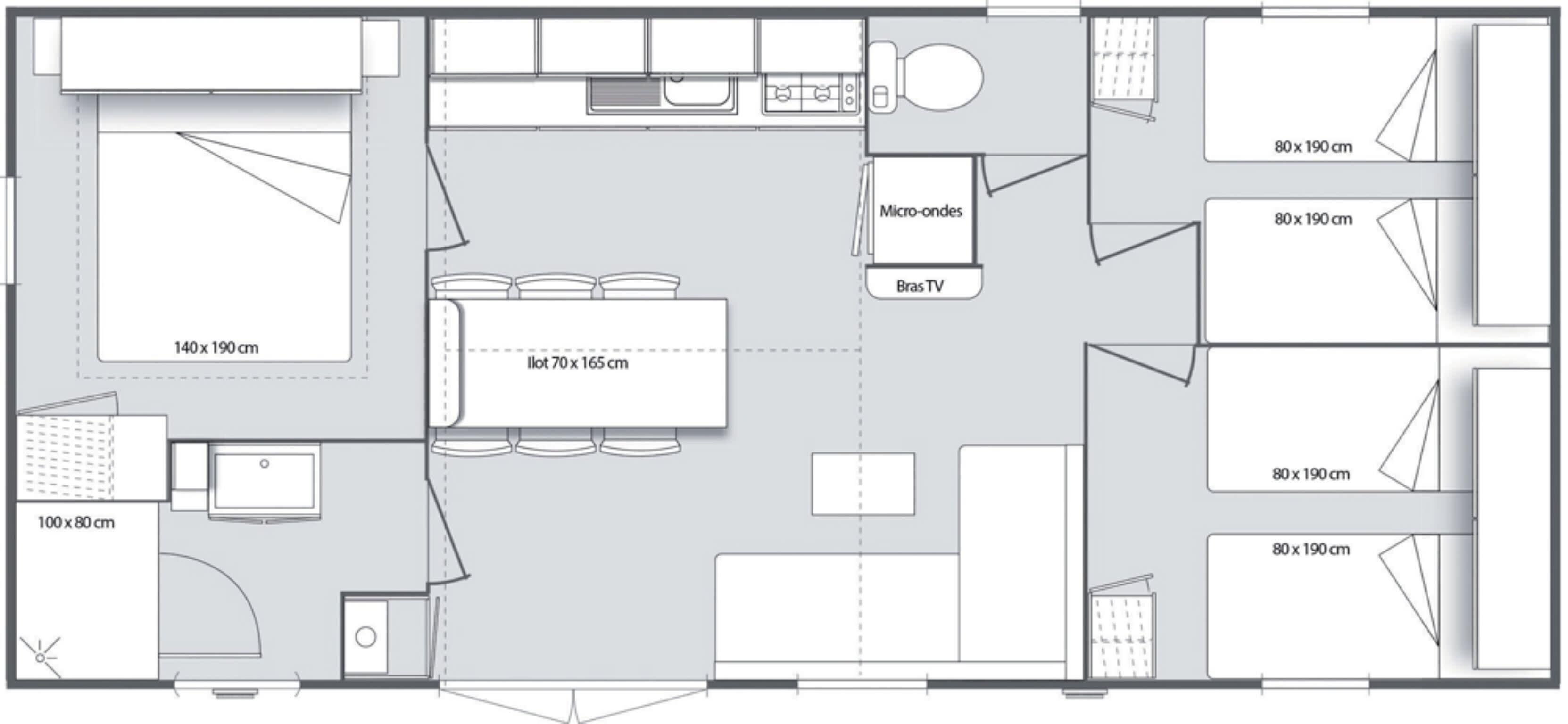 A floor plan of a hotel room with a 140x190 cm living area, 100x80 cm bathroom, and a 70x165 cm dining area.
