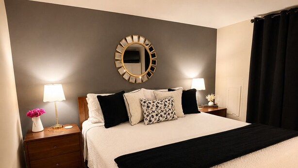 Una habitación de hotel con una cama, dos mesitas de noche con lámparas, un espejo y un aparador.