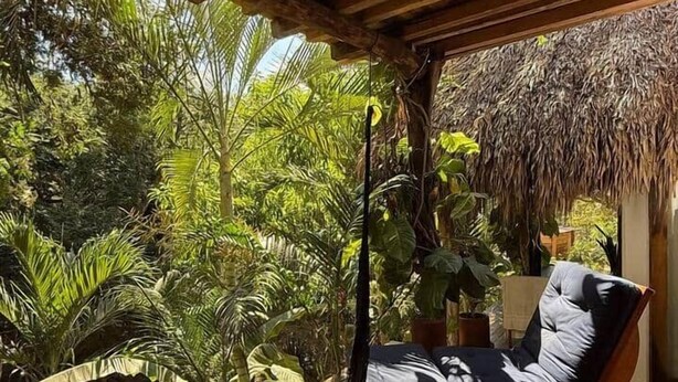 A wooden deck with a hammock chair, surrounded by lush tropical vegetation and a thatched roof structure. - AC Room with Balcony and Nature Views (Santa María Tonameca)