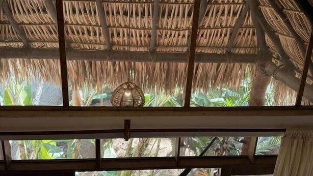 A room with a thatched roof, wooden beams, and a view of a garden. - Loft with Balcony and Nature Views (Santa María Tonameca)
