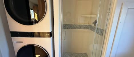 Hair dryer, towels, soap, toilet paper