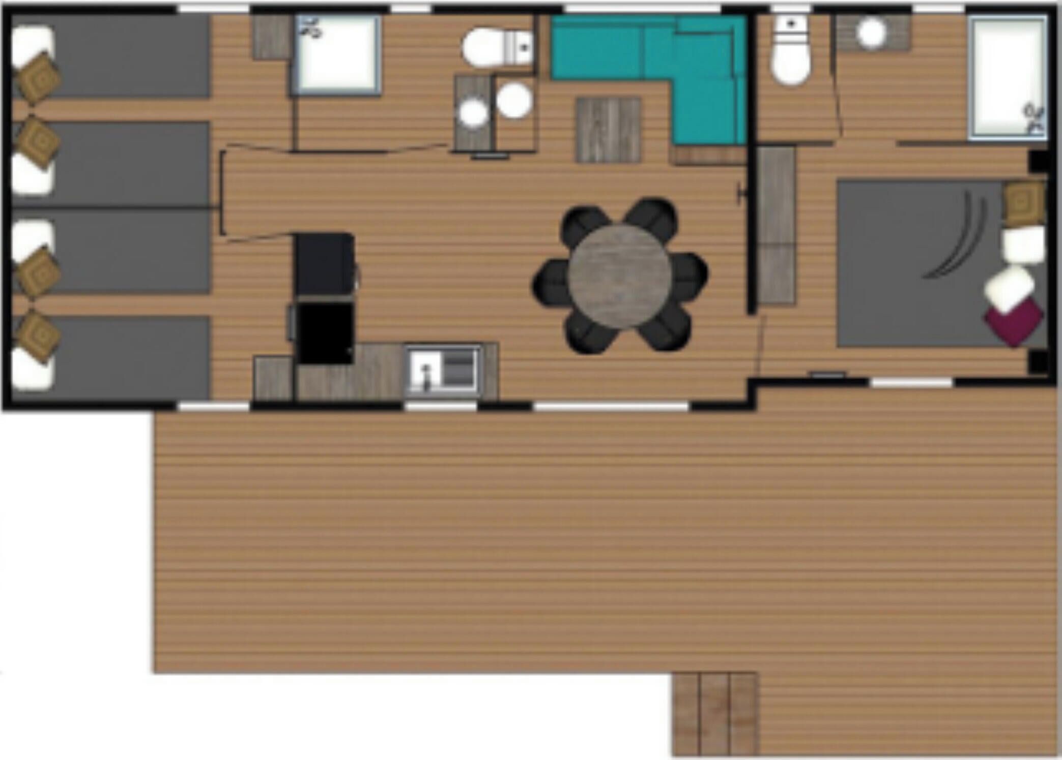 Un plan d’étage d’une chambre d’hôtel comprenant un lit, un bureau, une chaise, une petite table et un canapé.