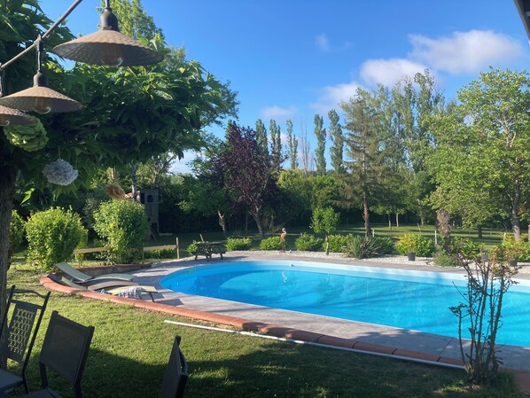 A swimming pool surrounded by a well-maintained garden with various plants and trees. - Stunning home with a large pool in a quiet location just 15 minutes from Toulouse! (Montastruc-la-Conseillère)