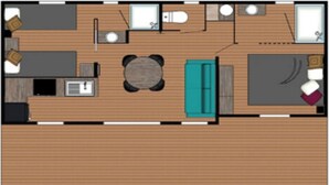 A floor plan of a hotel room with a bed, a desk, a chair, a small table, and a wardrobe. - Carva - Privilège 2 - 4p (12) (La Guérinière)