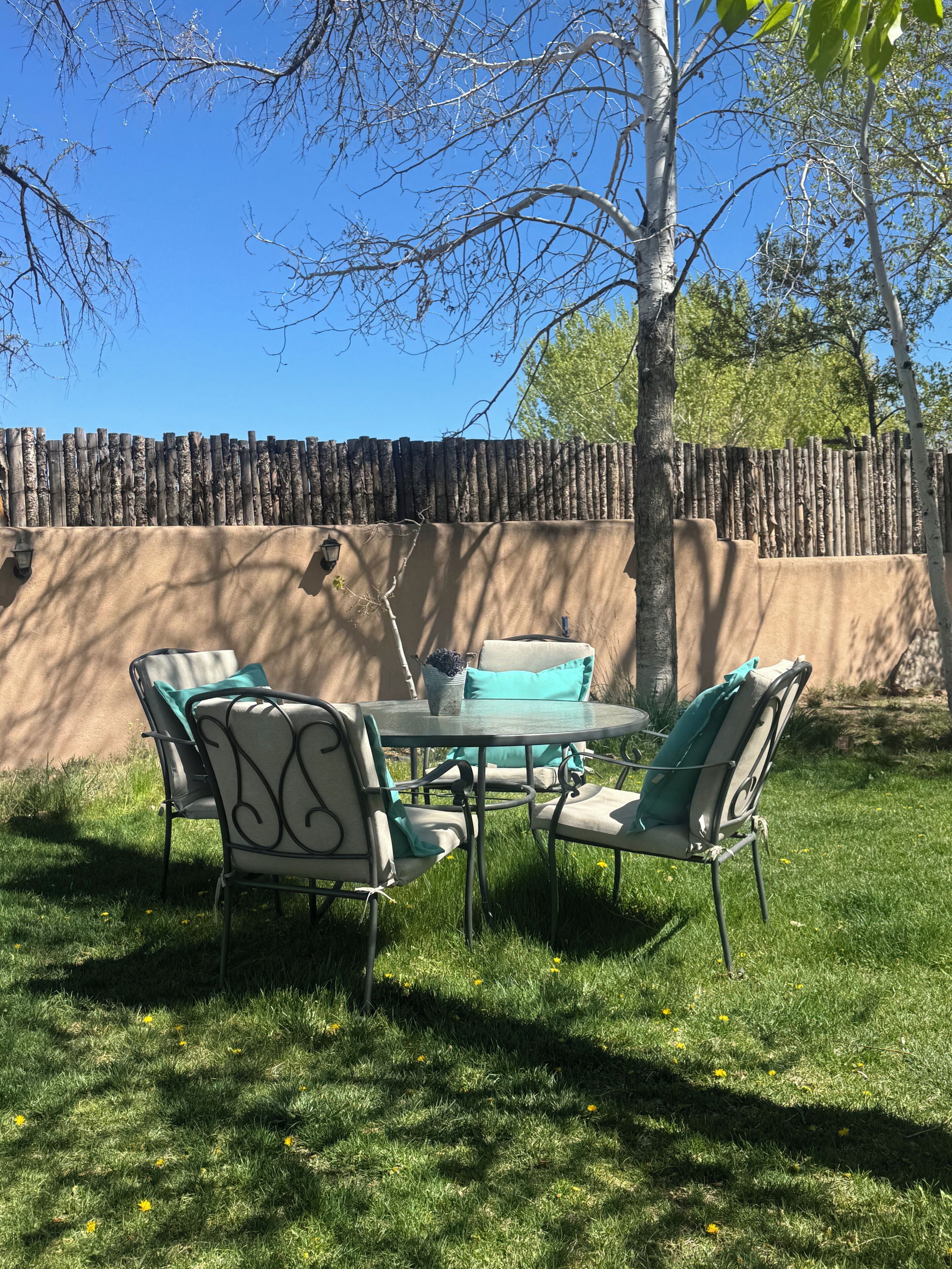 Un jardin avec une table ronde et des chaises, une clôture en bois et un arbre.