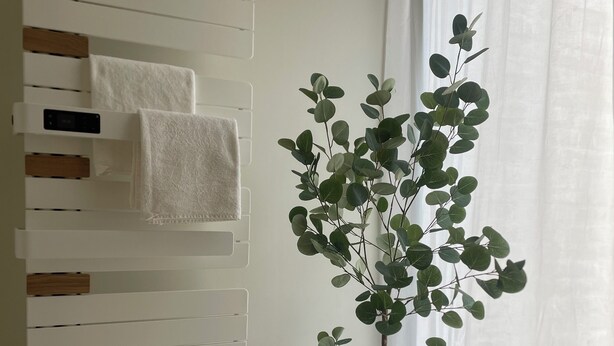 A bathroom with a white towel rack, a potted plant, and a window with sheer curtains. - La Forge by L'Ora, a haven of peace 2 steps from the center of Cassel (Cassel)