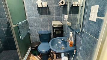 Douche, sĂšche-cheveux, serviettes fournies, savon